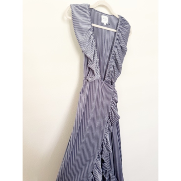 MISA Eve Pinstripe Velvet Ruffle Ribbed Wrap Midi Dress Lilac Blue S - Picture 10 of 10